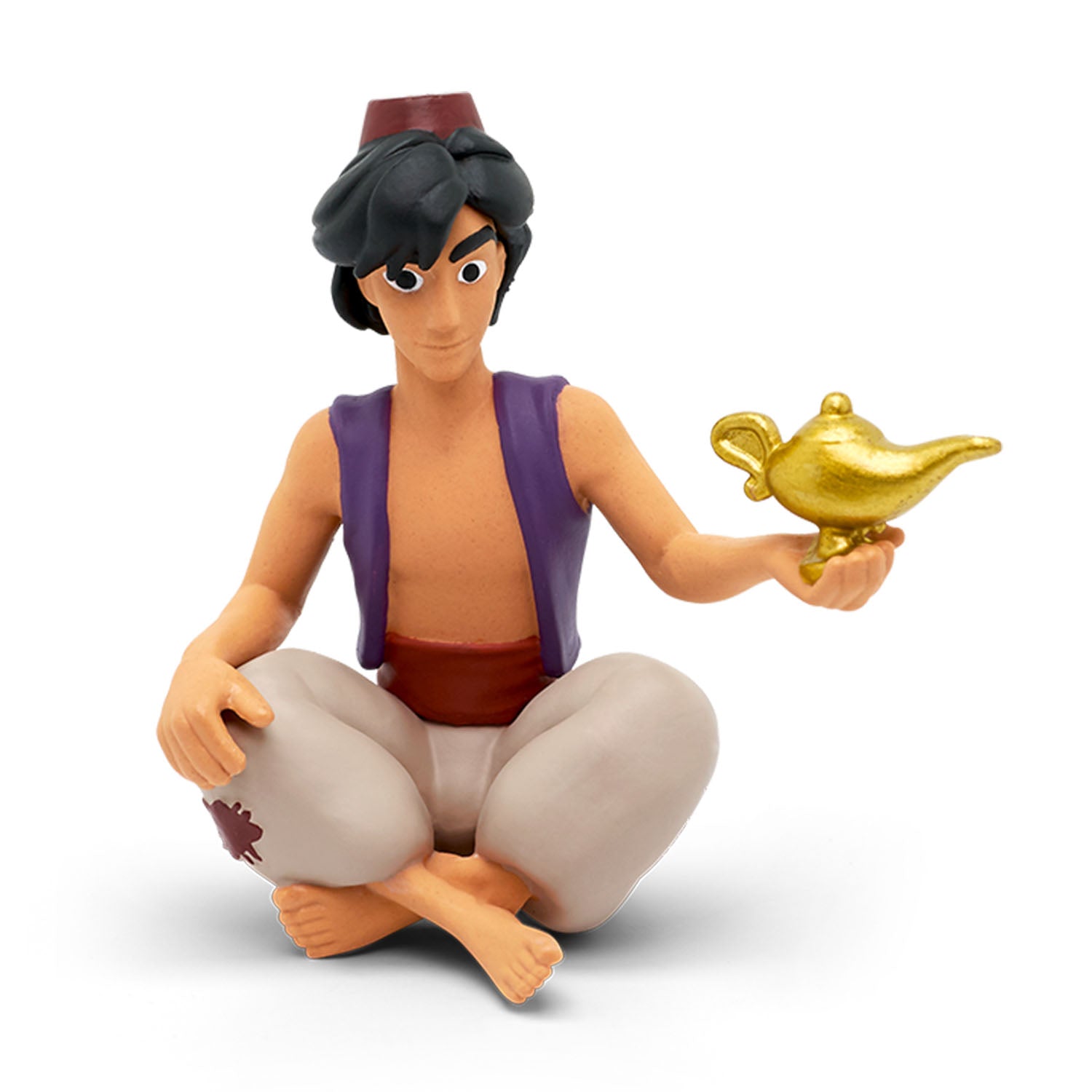 Aladdin is wearing his signature purple vest, baggy white pants, and a small red fez hat with magic lamp.