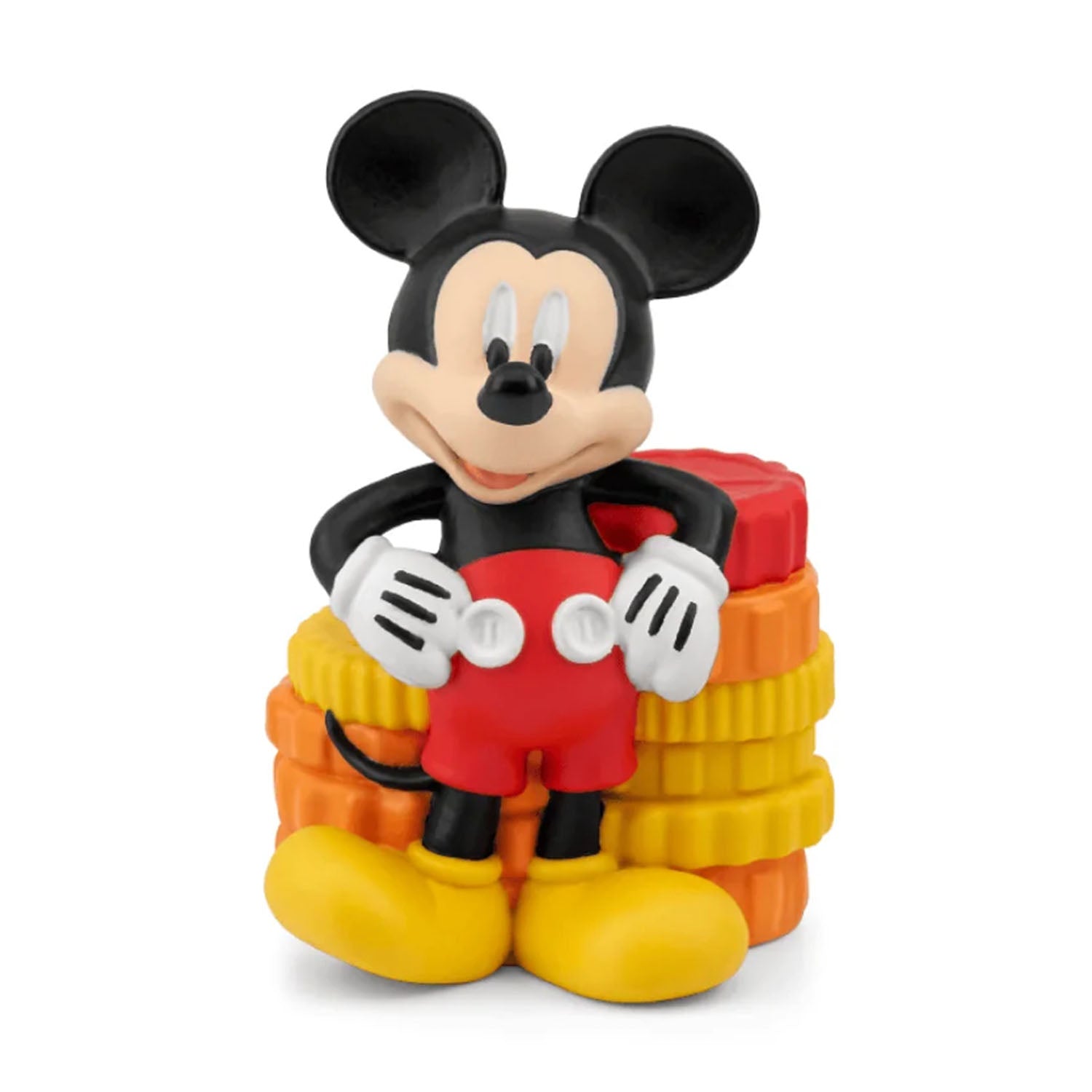 Close-up front view of the hand-painted Tonies Disney Mickey Mouse Clubhouse magnetic audio figure sitting on a yellow and red base.