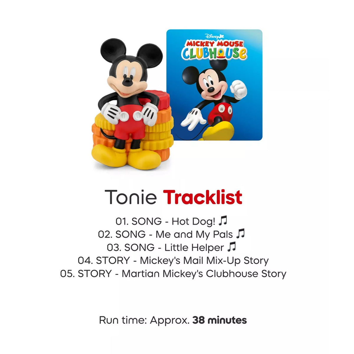 Tonies Disney Mickey Mouse Clubhouse hand-painted figure displayed next to its blue packaging box and a detailed tracklist featuring songs and stories.