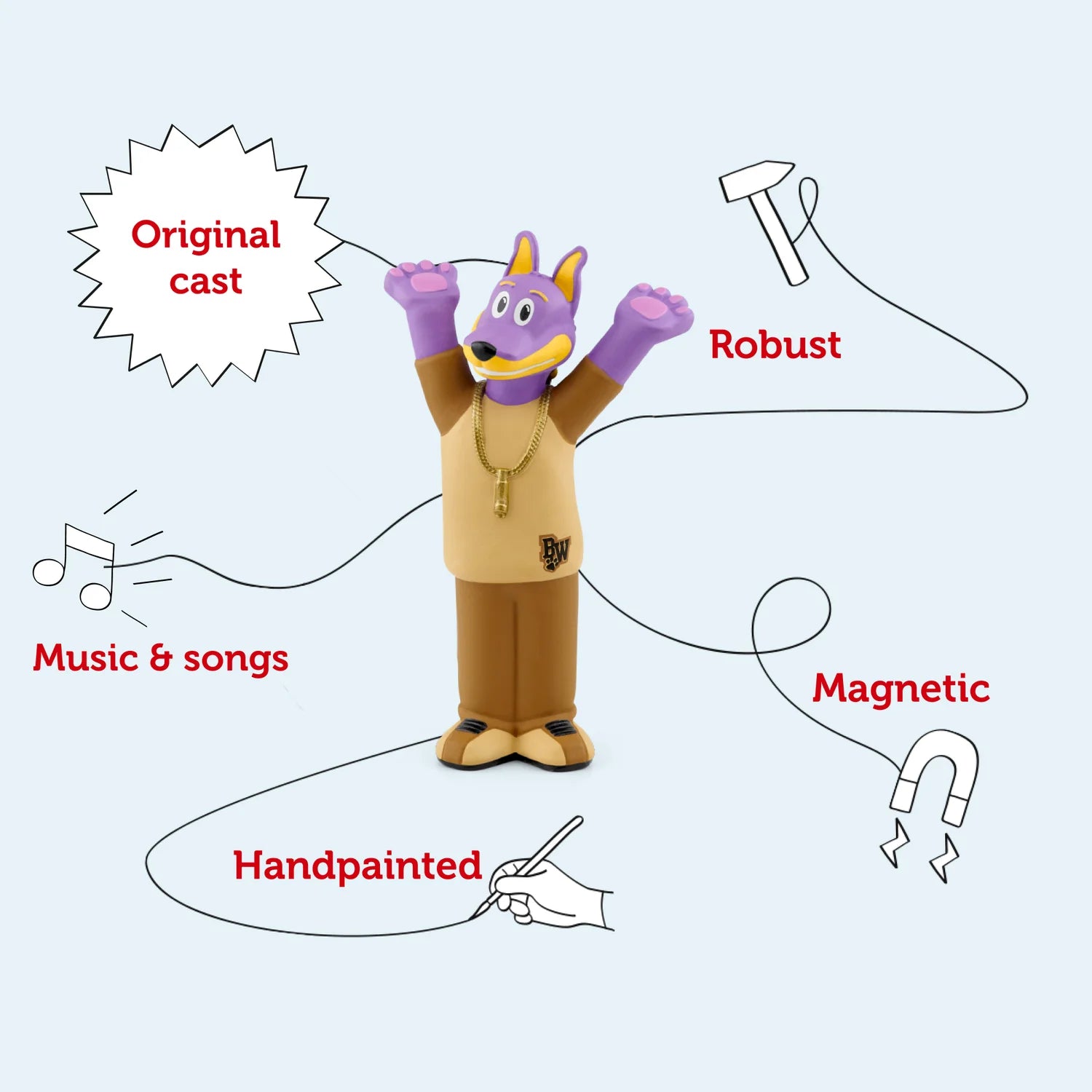 Features of bow wizzle tonie figure from doggyland, a hand‑painted dog character.