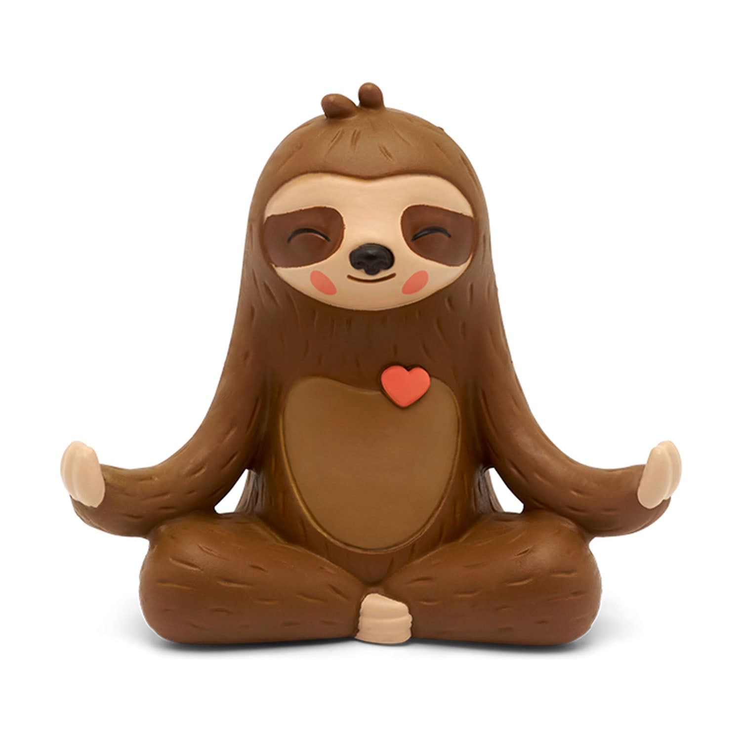 Close-up of the brown Mo the Sloth Tonie figure sitting cross-legged in a meditative pose with a small red heart on its chest.