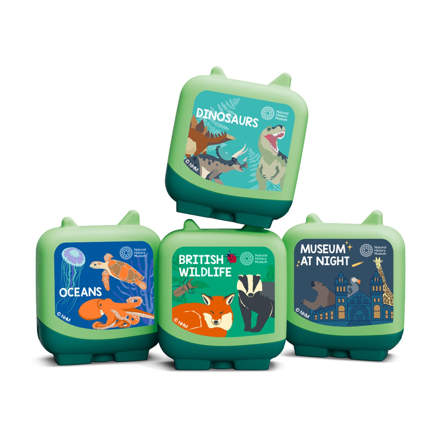 Four green Clever Pocket Tonies stacked together from the Tonies Natural History Museum Discovery Crew set, featuring Dinosaurs, Oceans, British Wildlife, and Museum at Night themes.