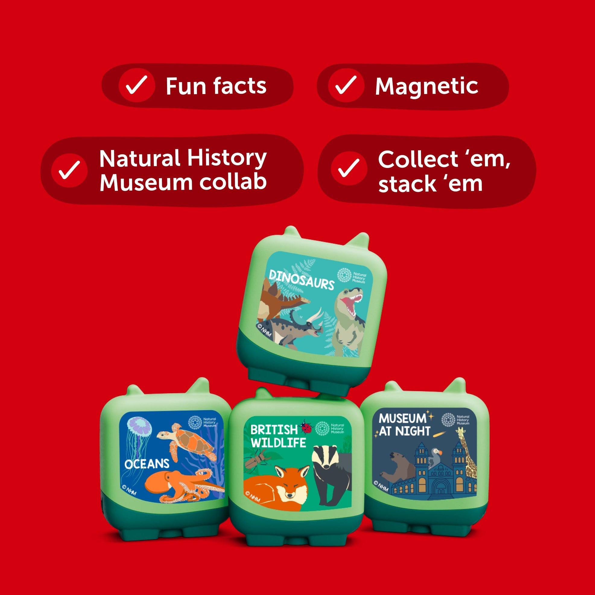 London's Natural History Museum exclusive Clever Pocket Tonies set featuring four green, interactive audio figures for kids.