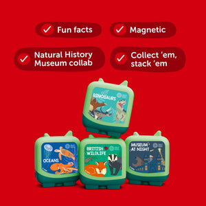 London's Natural History Museum exclusive Clever Pocket Tonies set featuring four green, interactive audio figures for kids.