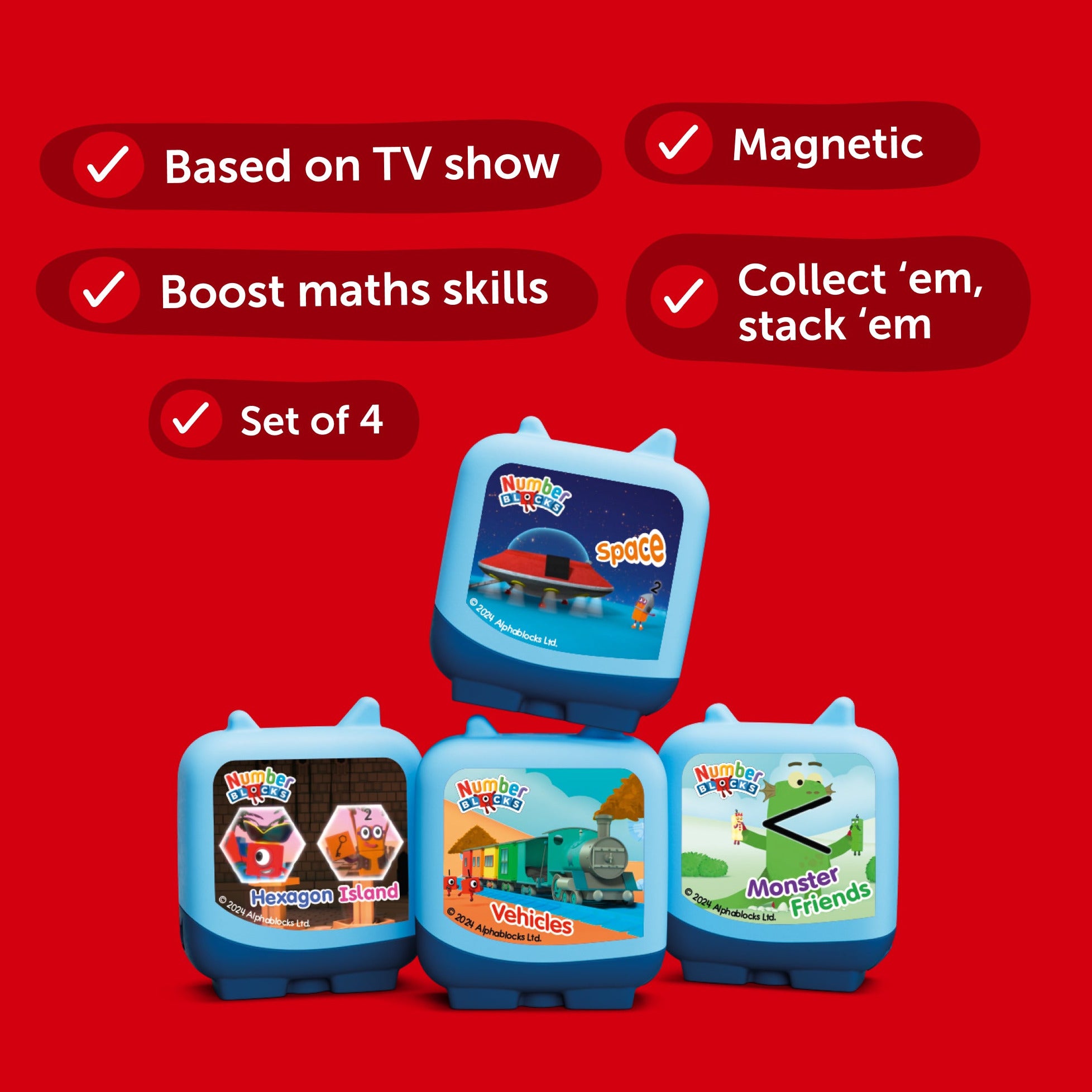 Four colourful Tonies figures designed for fun educational listening