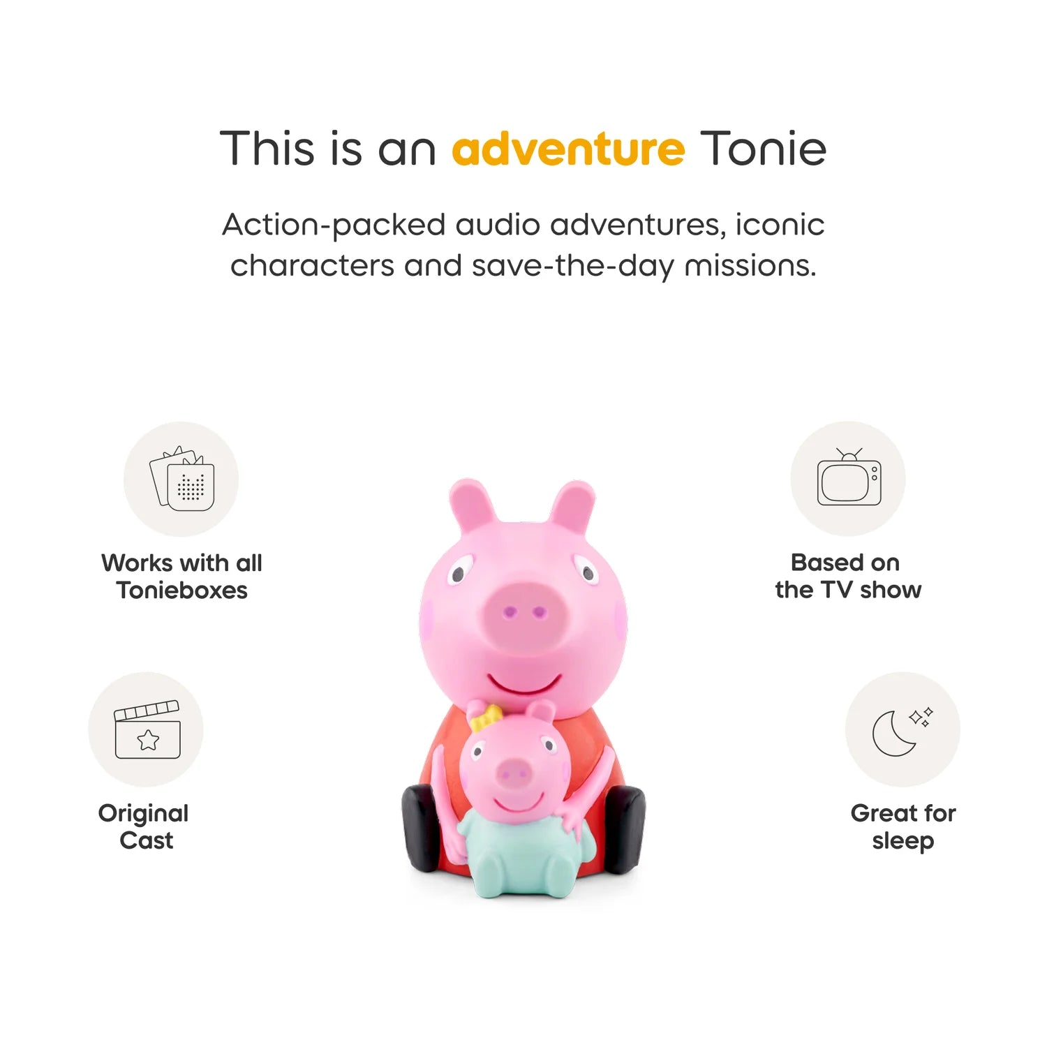 The Peppa Pig audio figurine designed for the Toniebox system, featuring stories about welcoming a new sibling to the family.