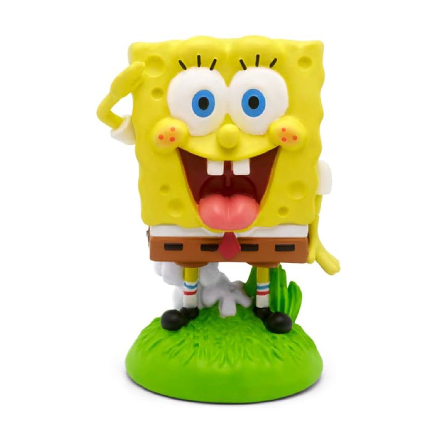 Close-up of the Tonies SpongeBob SquarePants figure standing on a green base with his arms raised and tongue out.