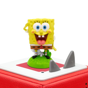 The SpongeBob SquarePants Tonie figure attached to the top of a red Toniebox.
