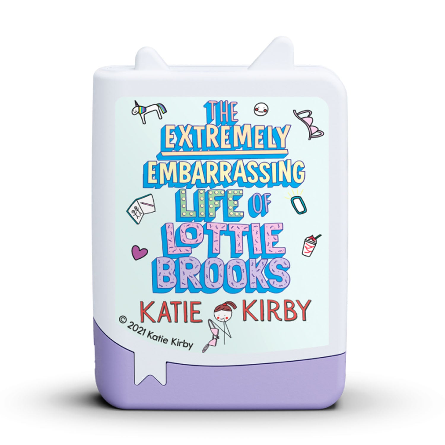 A front view of a 3D-style book icon featuring the title "The Extremely Embarrassing Life of Lottie Brooks" in colorful, decorative lettering.