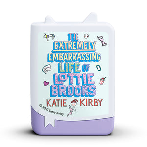 A front view of a 3D-style book icon featuring the title "The Extremely Embarrassing Life of Lottie Brooks" in colorful, decorative lettering.