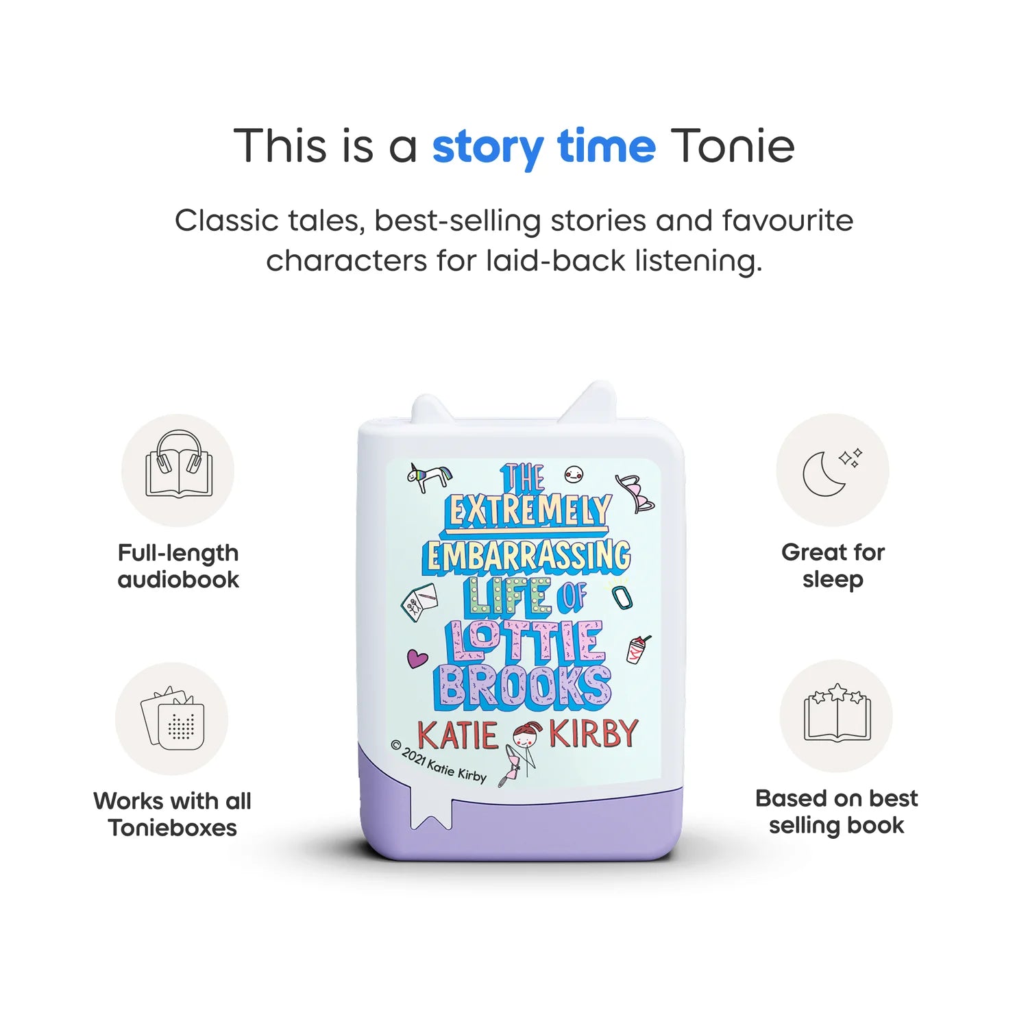 Four informational icons surrounding the figurine, highlighting key product features in a clean, circular layout.