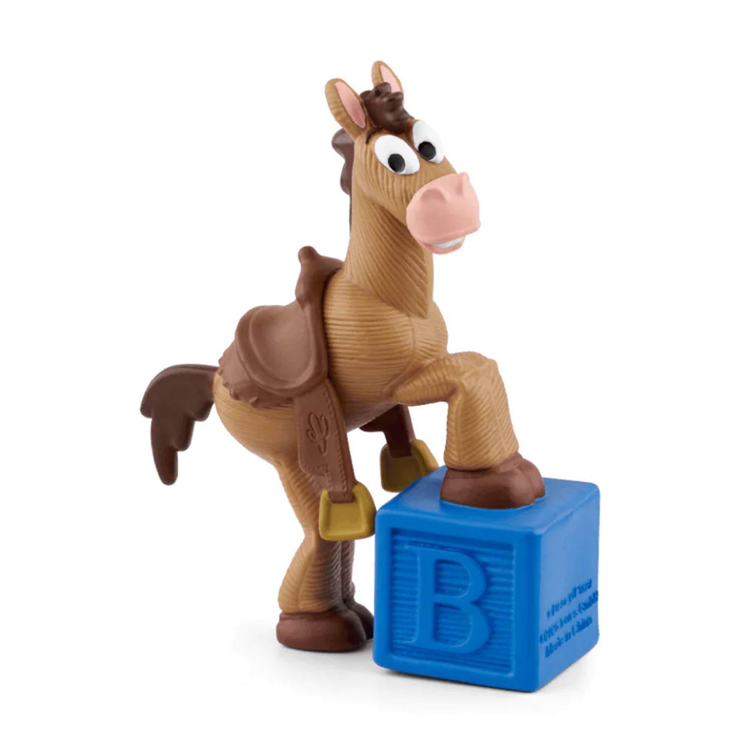 Close-up front view of the hand-painted Tonies Disney Pixar Toy Story 5 Bullseye magnetic audio figure, showing the brown horse character with one hoof resting on a blue toy block.