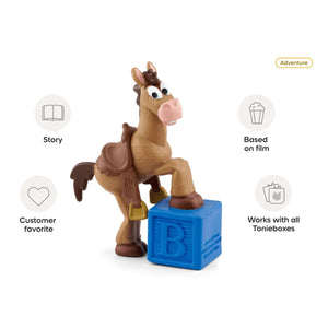Informational graphic for the Tonies Toy Story 5 Bullseye figure, featuring the toy in the center surrounded by icons highlighting key details like story content, hand-painted design, and magnetic features.