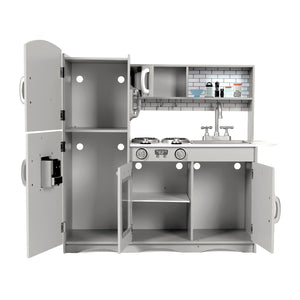 Grey wooden play kitchen with all doors and cabinets open showing interior storage space.