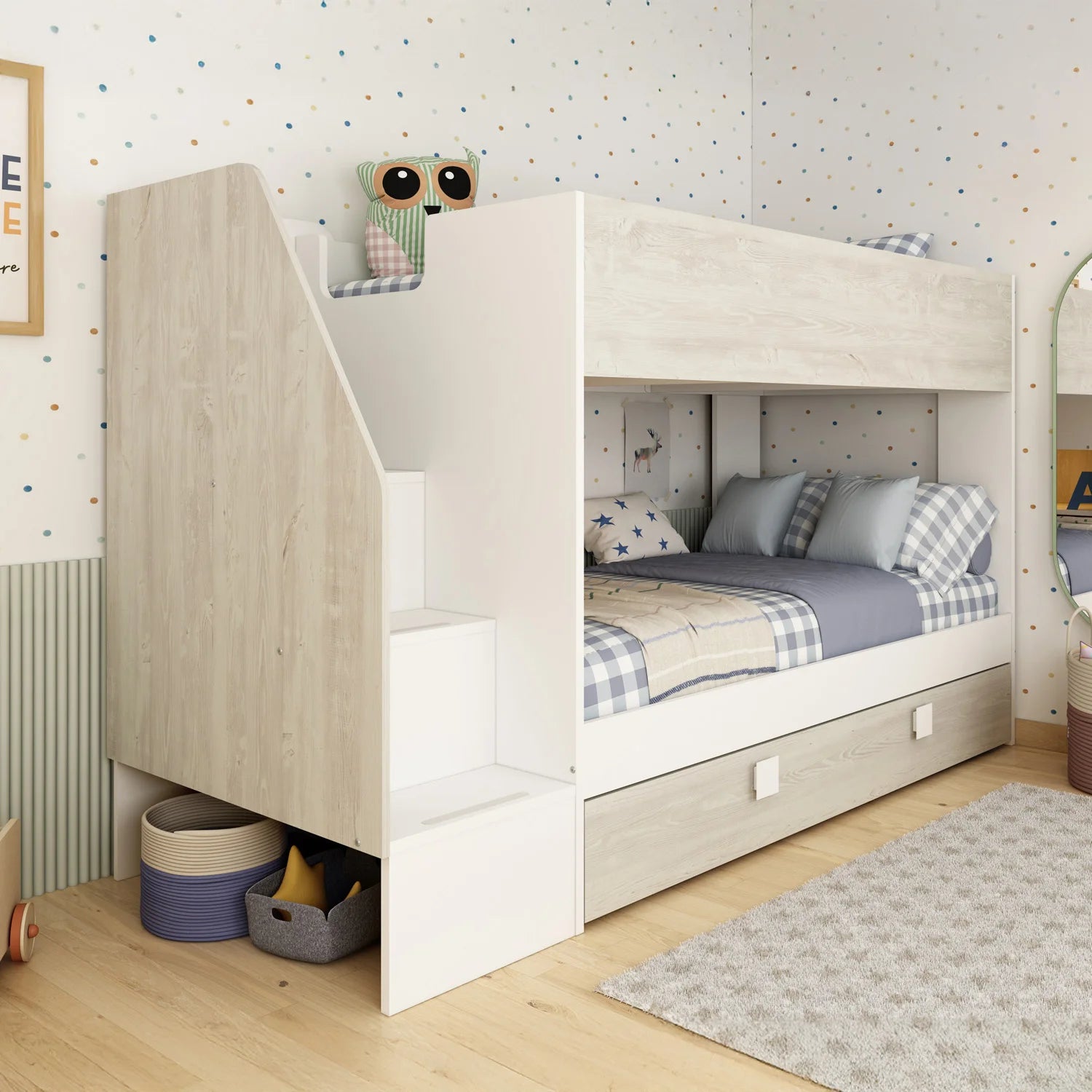 Trasman easy bunk bed with underbed trundle is made from solid particleboard and has a melamine finish.