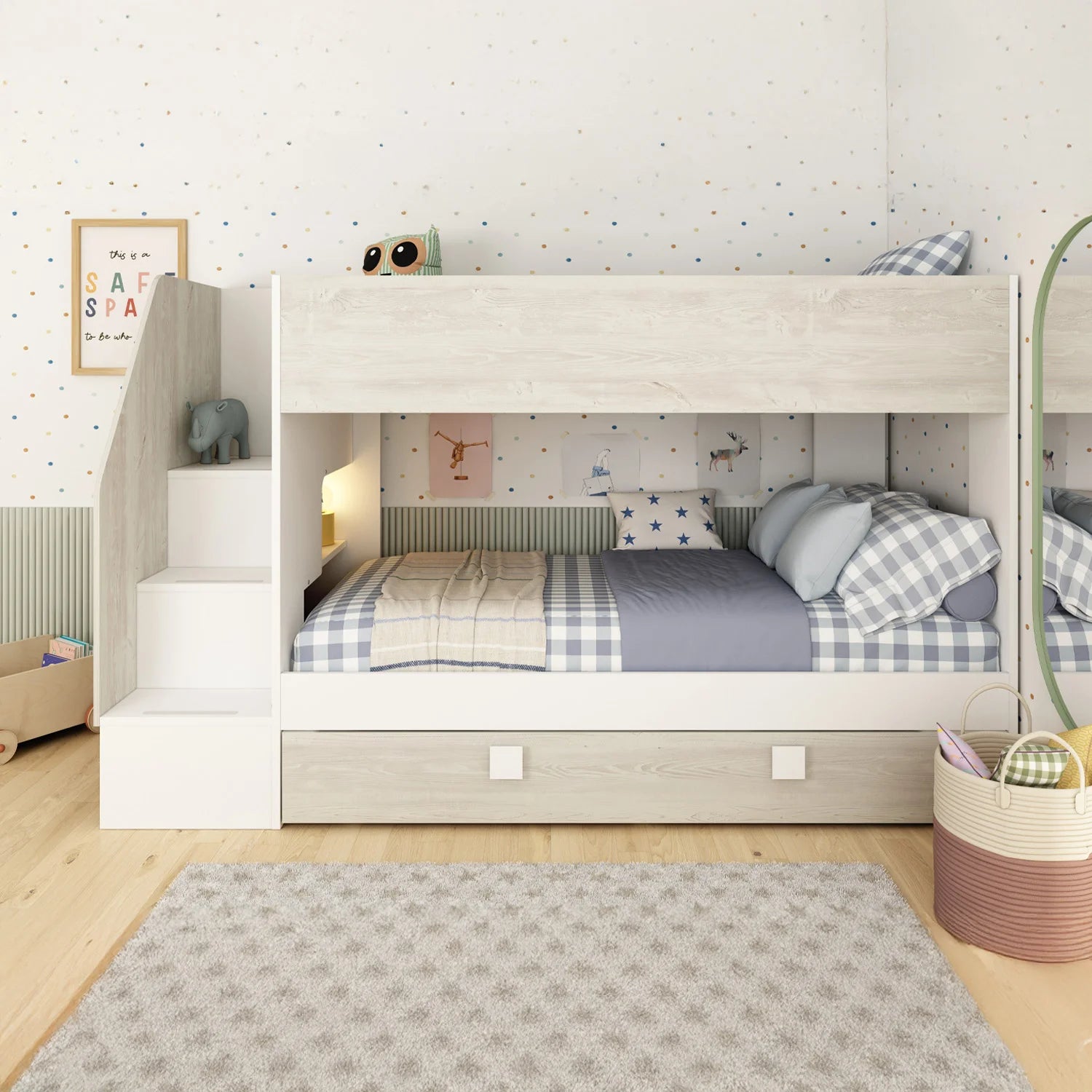 Trasmaeasy bunk bed with underbed trundle has a nice staircase.