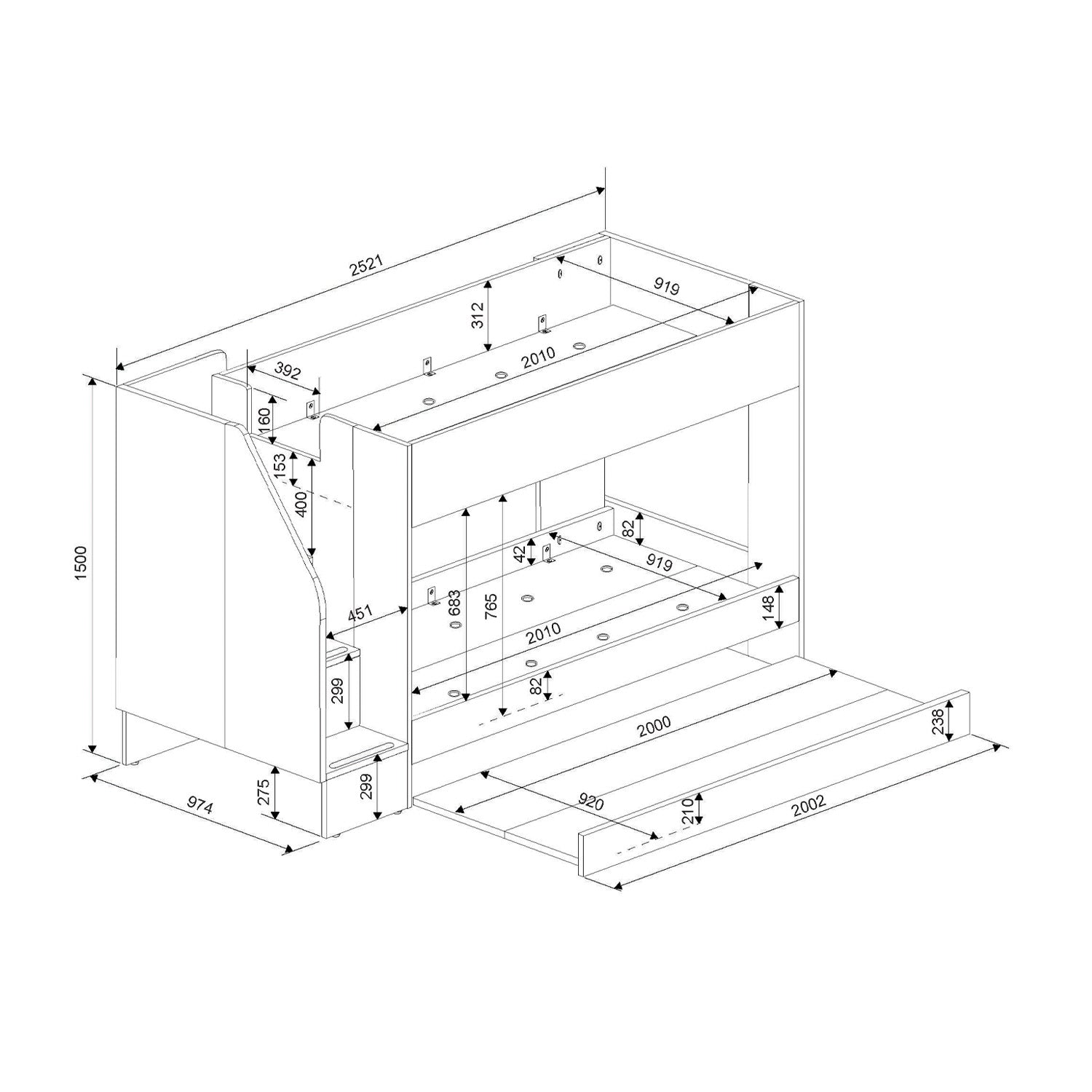 Measurement of the Trasman easy bunk bed with underbed trundle.