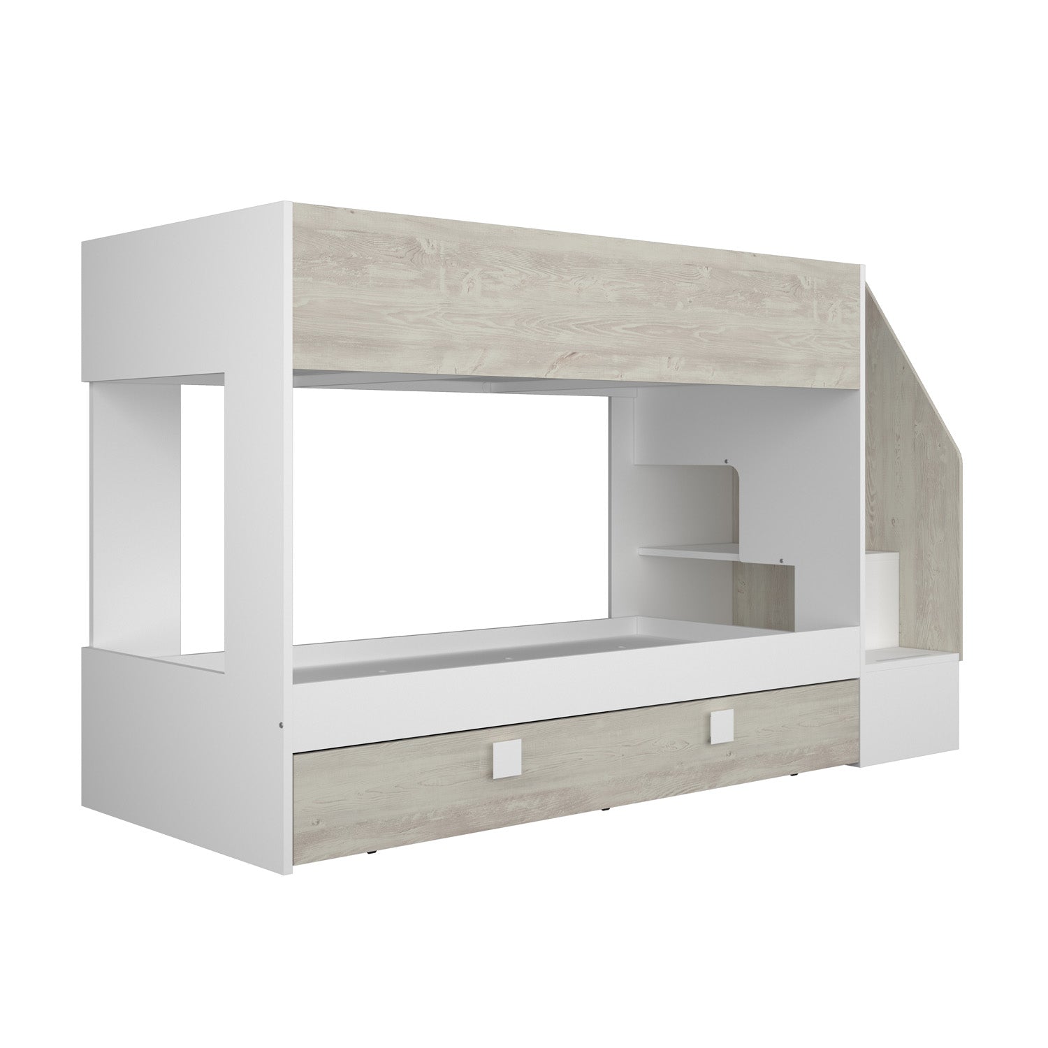 Trasman easy bunk bed with underbed trundle is made from sturdy particleboard with a melamine finish.