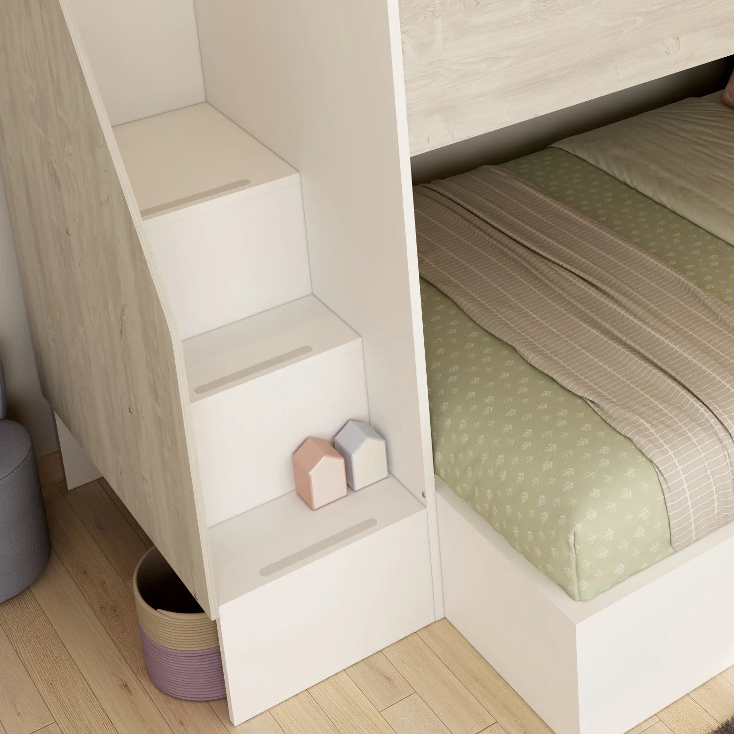 Trasman easy triple bunk bed with smooth staircase for getting in and out of bed easier and safer.