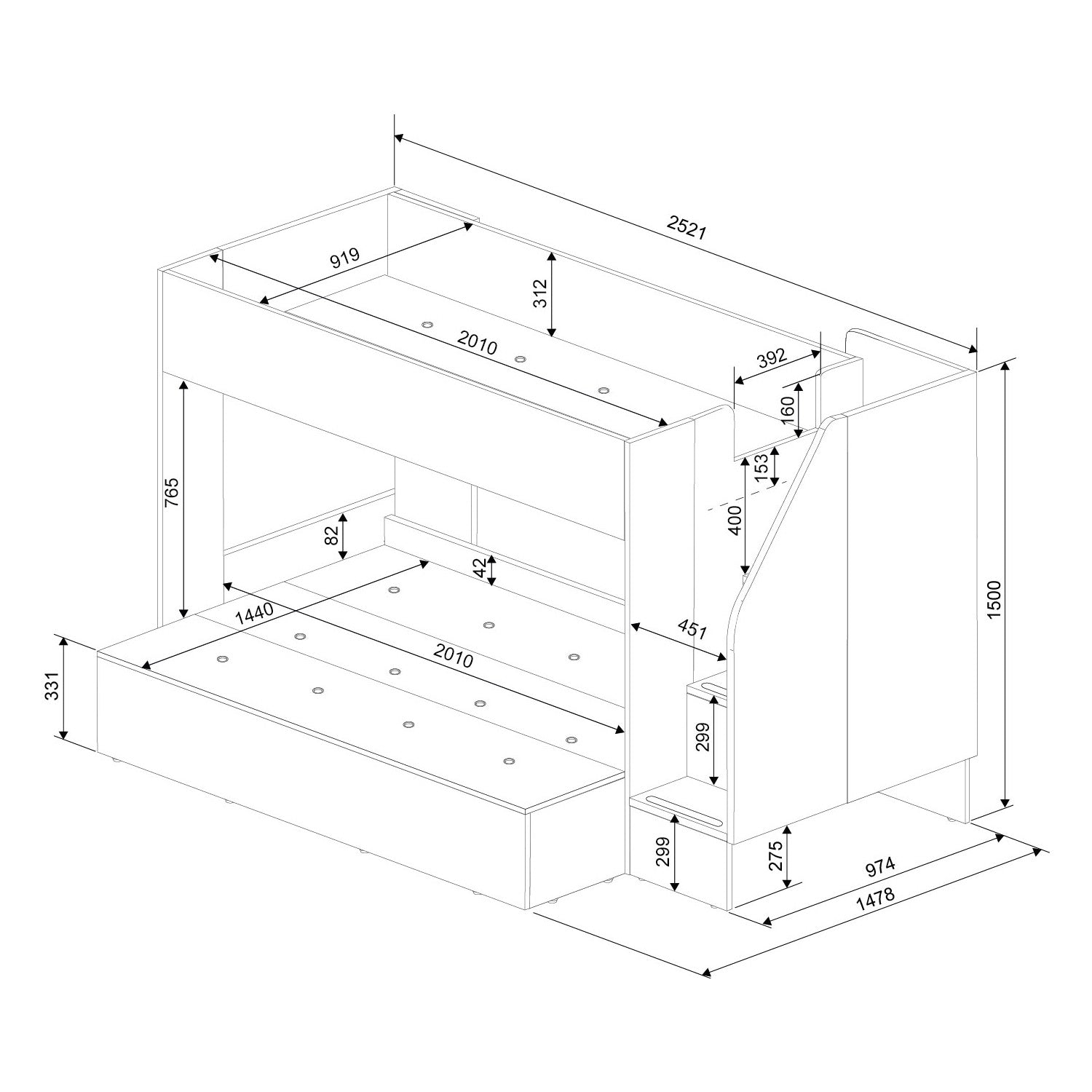 Measurement of the Trasman easy triple bunk bed.
