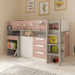 Pink mid sleeper cabin bed with desk and storage