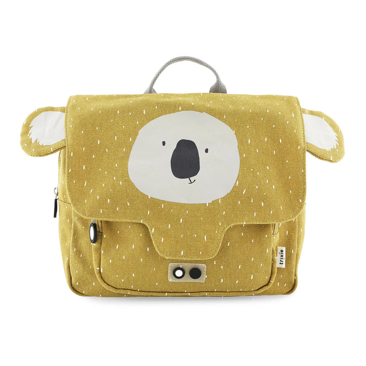 Mr. Koala animal satchel backpack with gray details hanging from a brightly colored hook.
