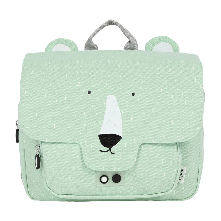 A Mr. Polar Bear satchel backpack opened to reveal a spacious interior with a book and a snack pouch.