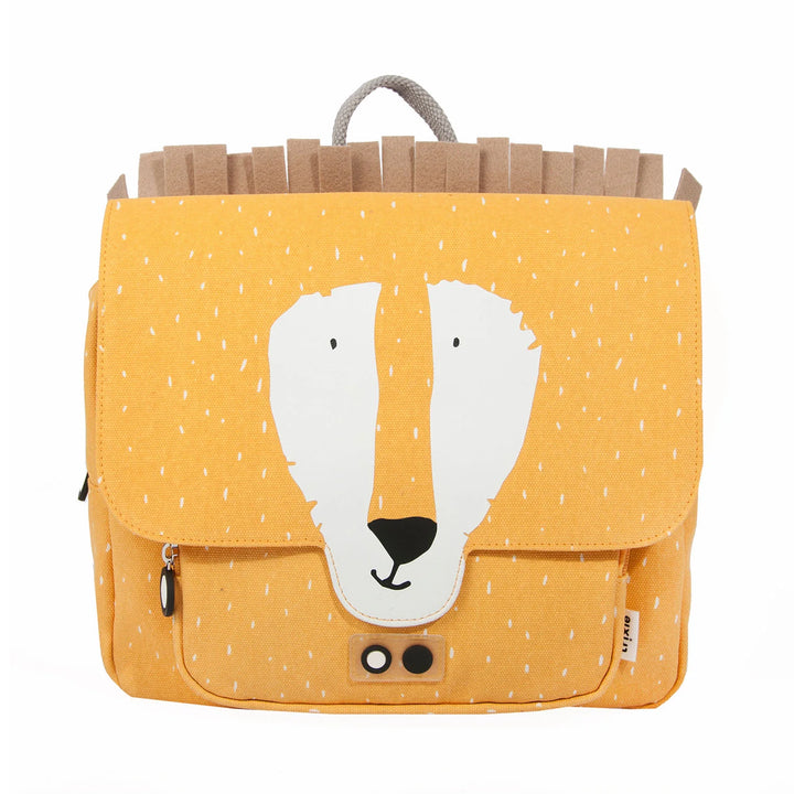 Mr. Lion animal satchel backpack hanging inside a school locker decorated with colorful stickers.