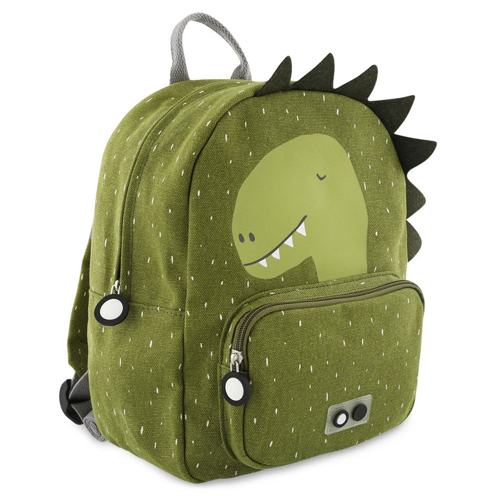 Trixie Mr. Dino Backpack packed with a lunchbox, water bottle, and small toy
