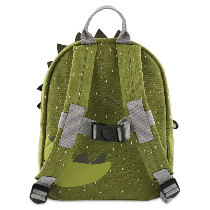Close-up of the backpack's dinosaur design and water-repellent finish
