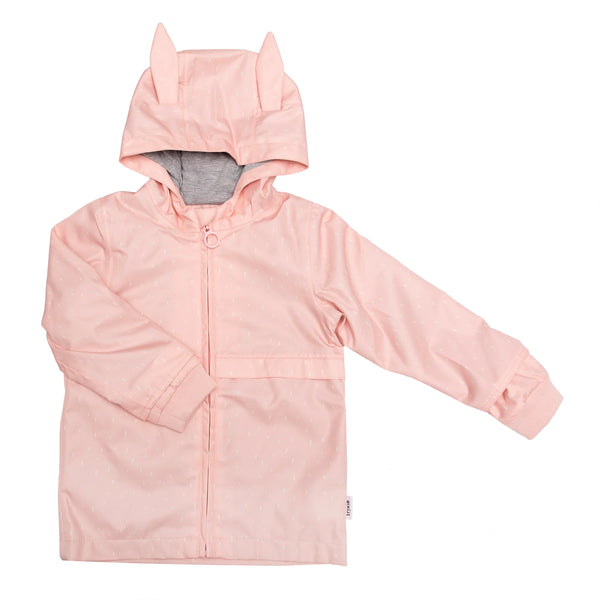 Close-up of the raincoat showing the rabbit design and water-resistant finish