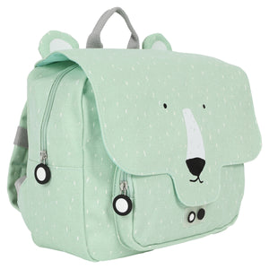 Water beads up and rolls off the water-repellent fabric of an animal satchel backpack.