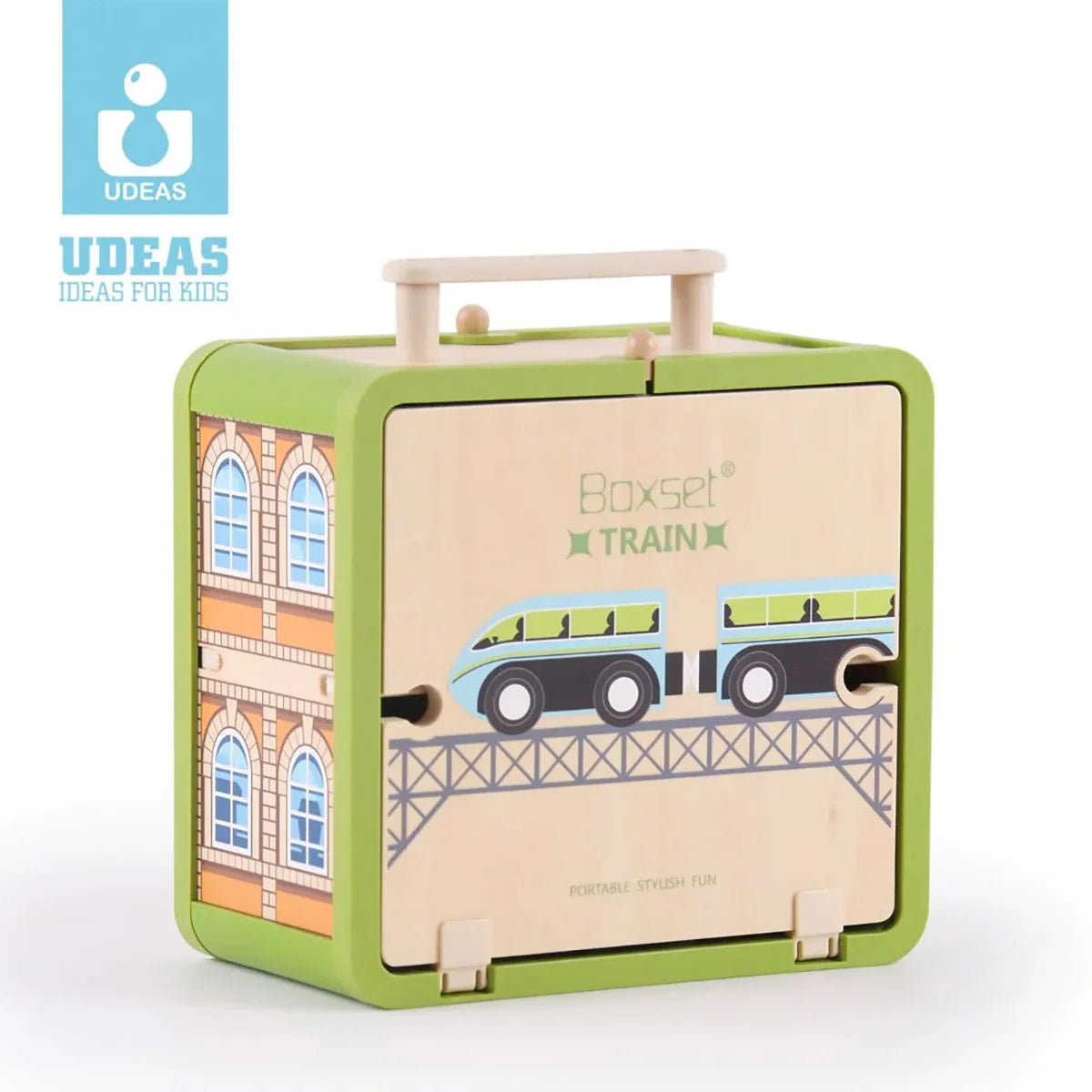 Front view of the wooden toy set