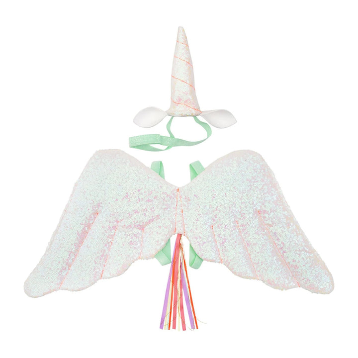 Pink iridescent winged unicorn costume, sparkly horn