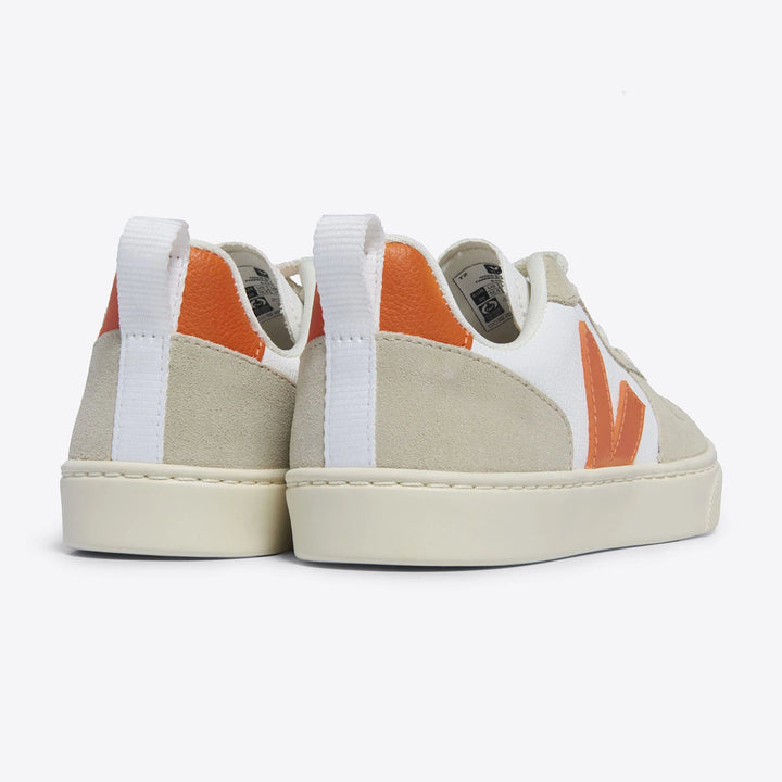 Veja V-10 sneakers detail - contrasting textures of smooth ChromeFree leather and soft suede accents.