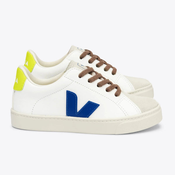 Veja Esplar ChromeFree Leather Sneakers in White/Indigo/Yellow Fluo