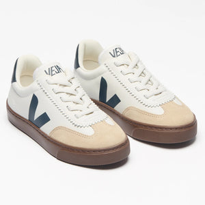 Veja Small Volley Elastic Laces Leather White Nautico Bark in a White Background.