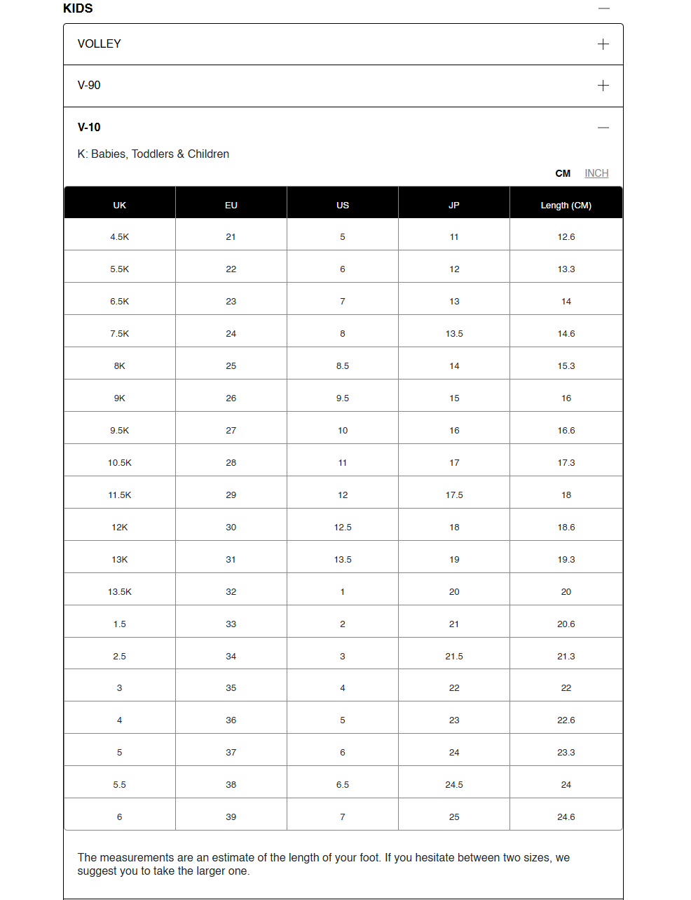 Measurement chart for veja v-10 children's shoes with size conversion table.