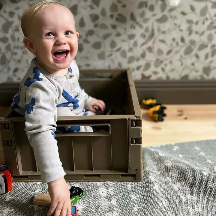 baby smiling inside childrens storage boxes