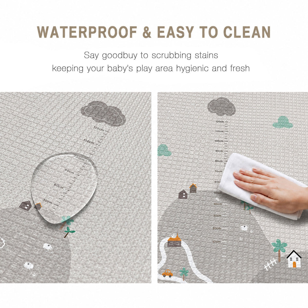 Text reading 'WATERPROOF & EASY TO CLEAN' above two panels showing a printed baby play mat. The left panel shows a clear water droplet on the mat, and the right panel shows a hand wiping the mat with a white cloth.