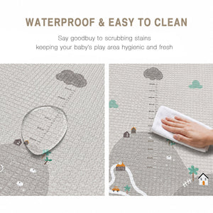 Text reading 'WATERPROOF & EASY TO CLEAN' above two panels showing a printed baby play mat. The left panel shows a clear water droplet on the mat, and the right panel shows a hand wiping the mat with a white cloth.