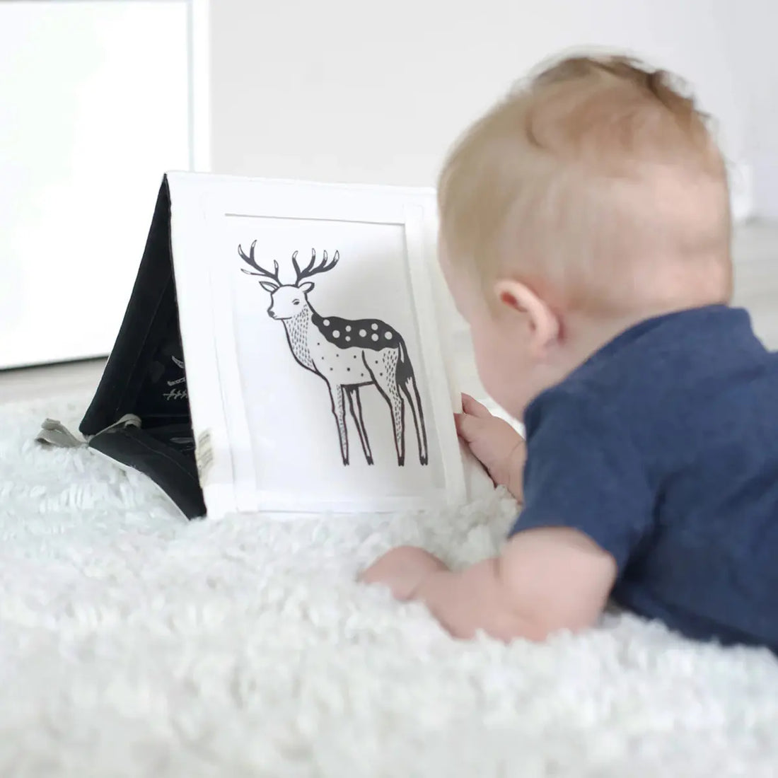 Baby playing with Little Naturalist gift set black and white card.