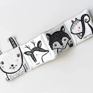 Soft cloth book with Bunny, Fox, Deer, and Squirrel.