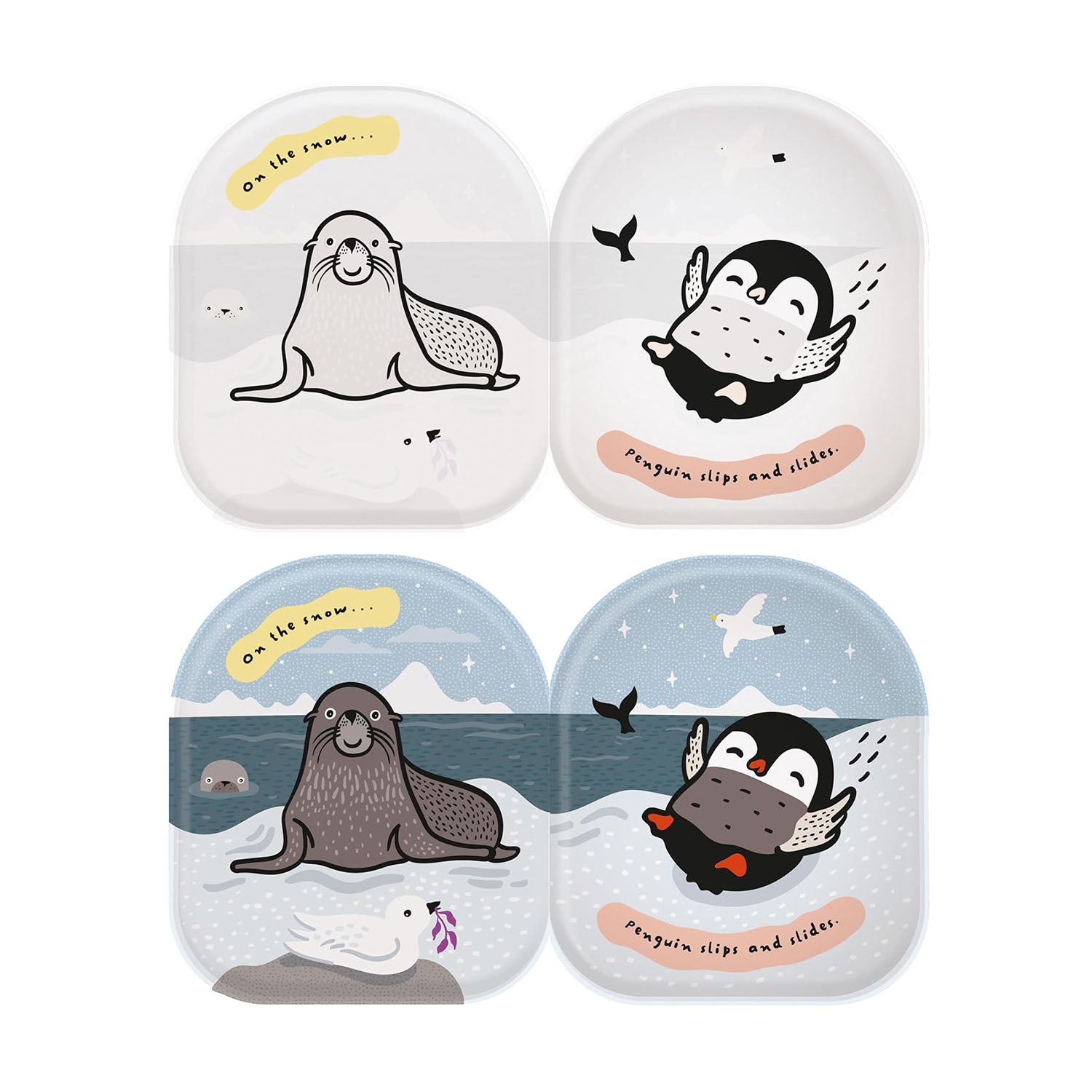 Penguin-shaped bath book with black-and-white animal illustrations