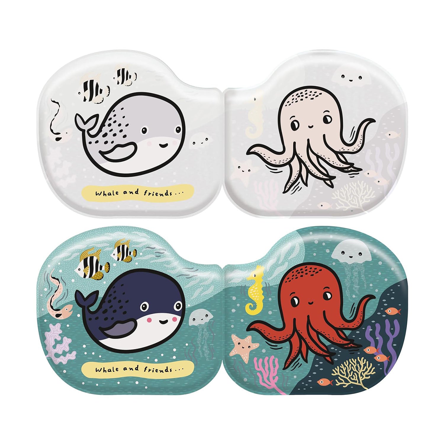Whale-shaped sensory bath book with ocean animal illustrations