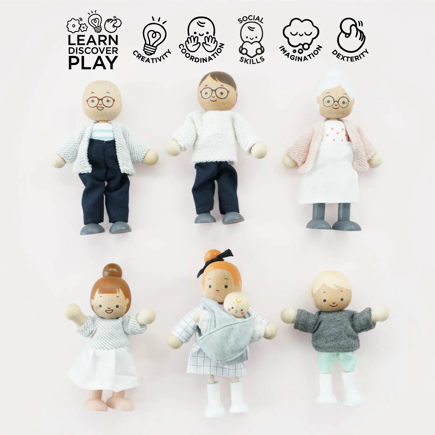Le toy van wooden doll characters of mum, dad, grandparents, brother, sister, and baby.