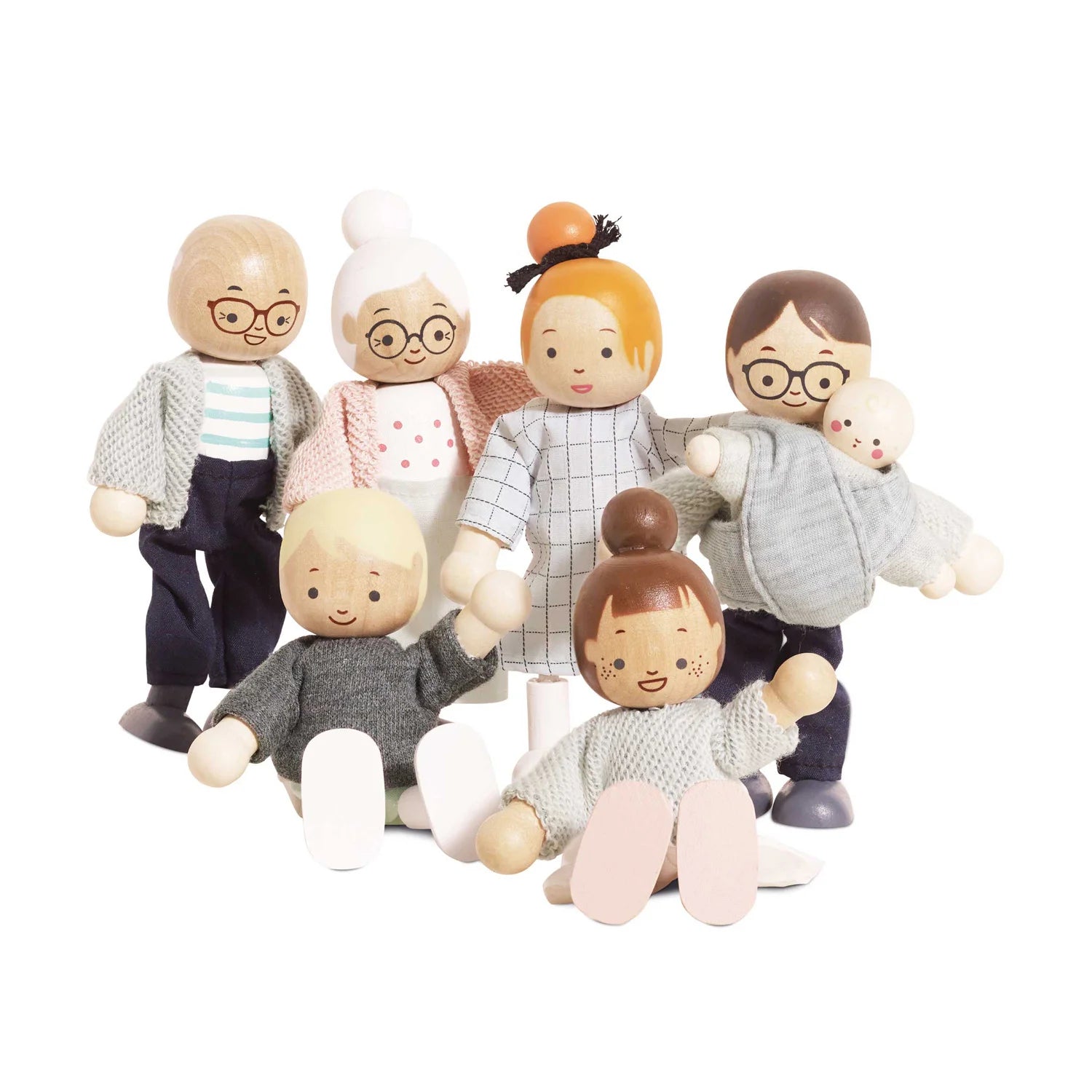 Wooden family figurines with different hairstyles and clothing on a white background