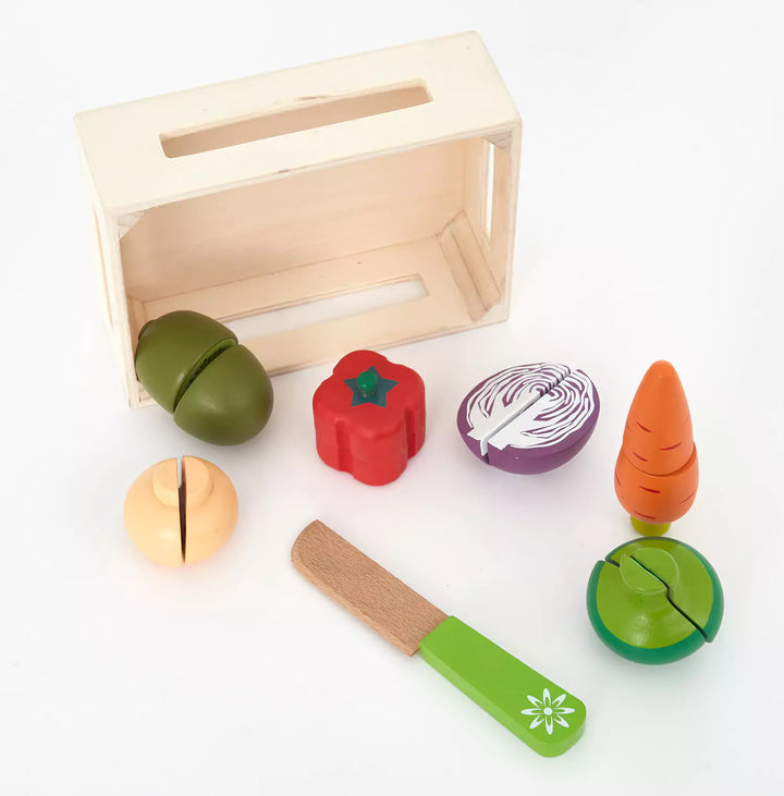 Colorful Wooden Play Food Sets with play knife and crate