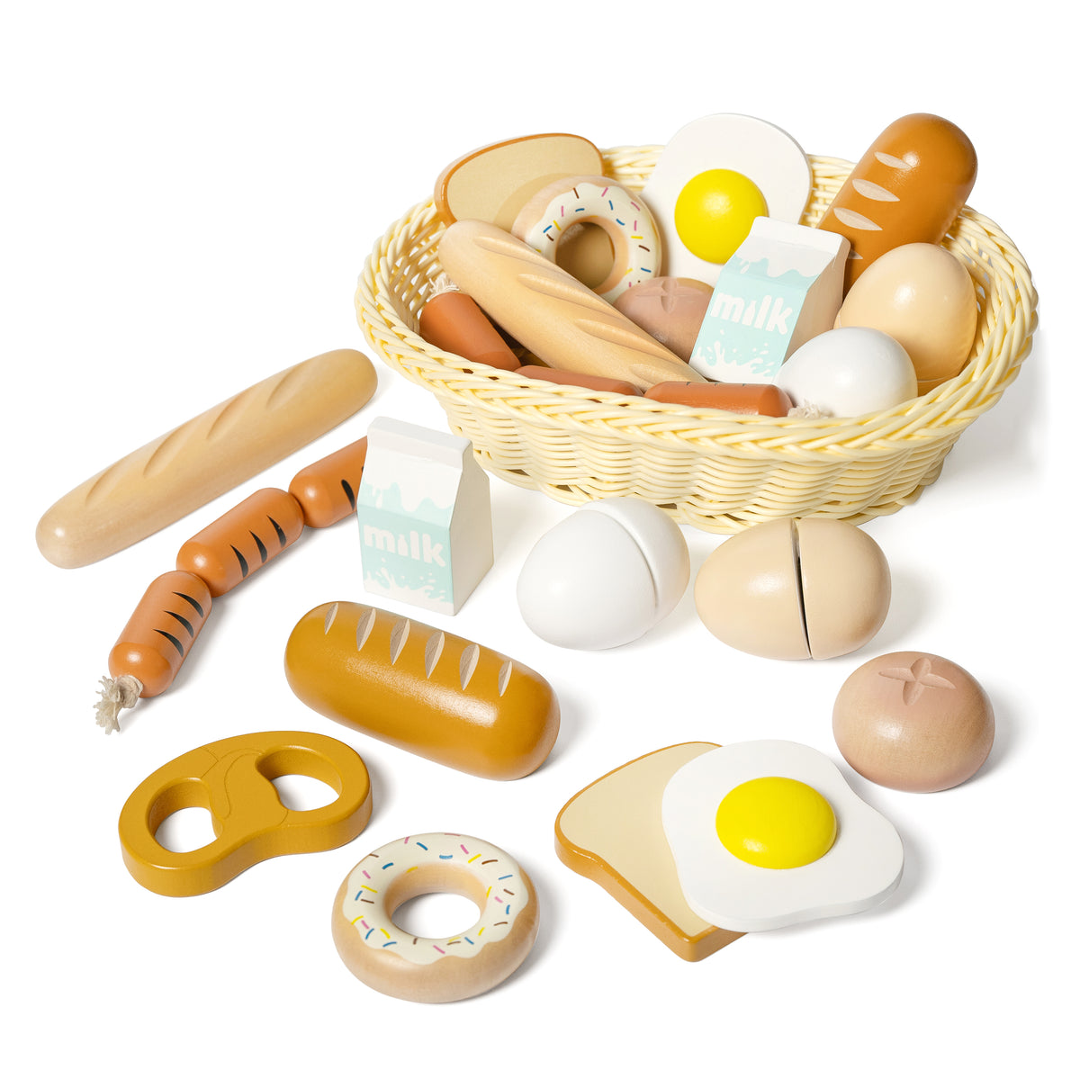 Hooga Playroom Wooden Toy Food Breakfast with Basket - (12 Pcs)