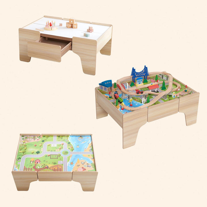 Durable wooden train table with colorful track layout.